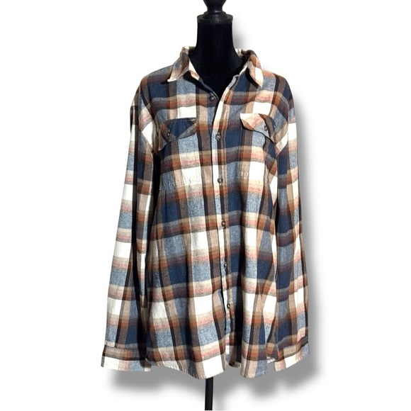 Burnside Men's Casual Plaid Long Cuffed Sleeve Flannel Blue/Brown Button Down - Picture 4 of 16